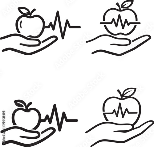 Wellness concept showing apple with pulse line held in hand for healthy living