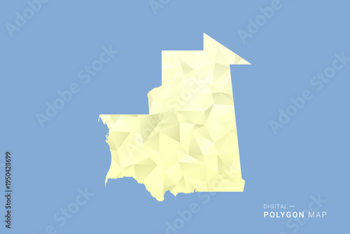 Mauritania Map in low poly polygon vector style, geometric shape illustration with soft yellow tones on blue background, clean silhouette for infographic.