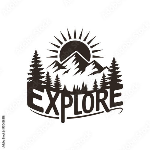 Black and white illustration of mountains trees sun and the word explore