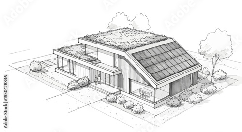Architectural sketch of a modern eco-friendly house with a green roof and solar panels, surrounded by landscaping.