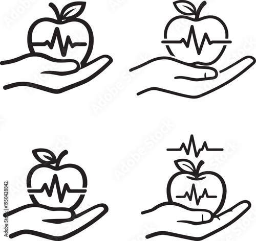  Hand holding apple with pulse line showing nutrition, wellness, healthy lifestyle concept