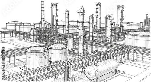 Detailed line drawing of a large industrial complex with distillation columns, storage tanks, and extensive piping systems.