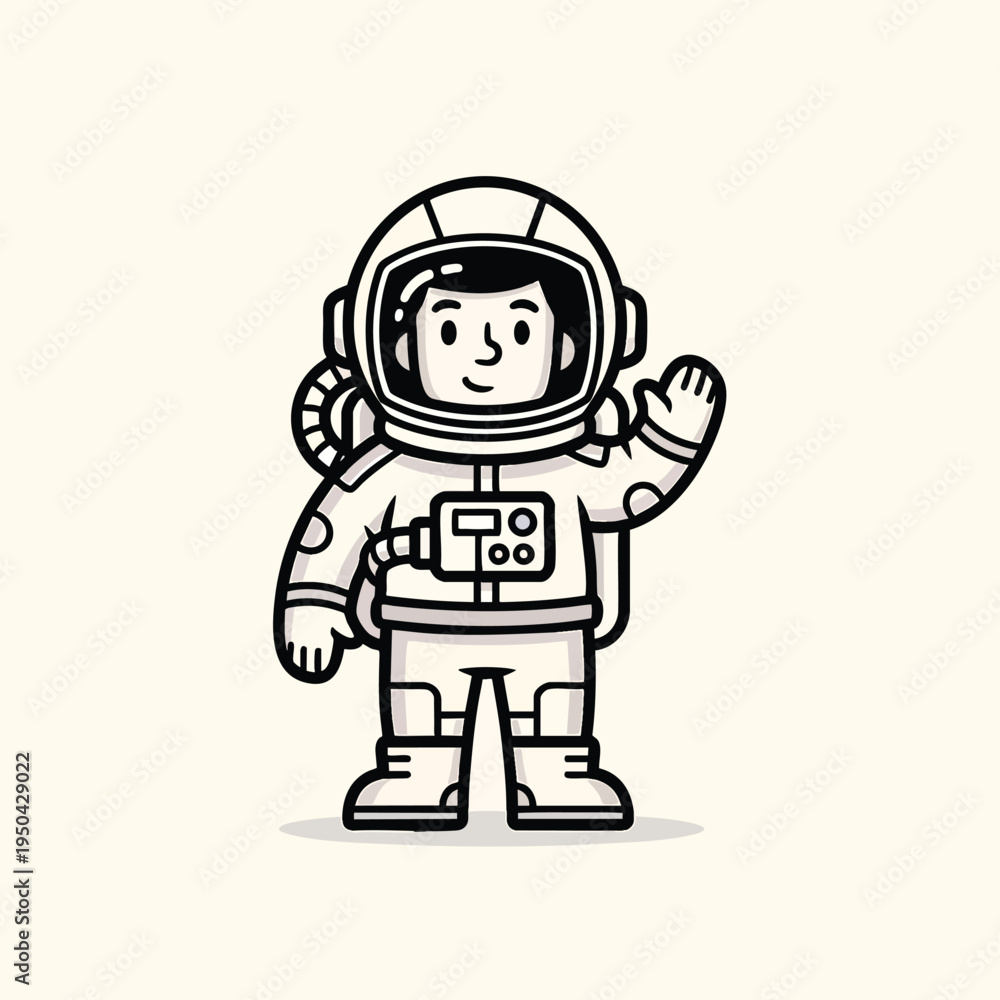 Obraz premium A cartoon depiction of a friendly astronaut waving. The astronaut has a detailed helmet, a backpack, and spacesuit. The astronaut stands on a neutral background