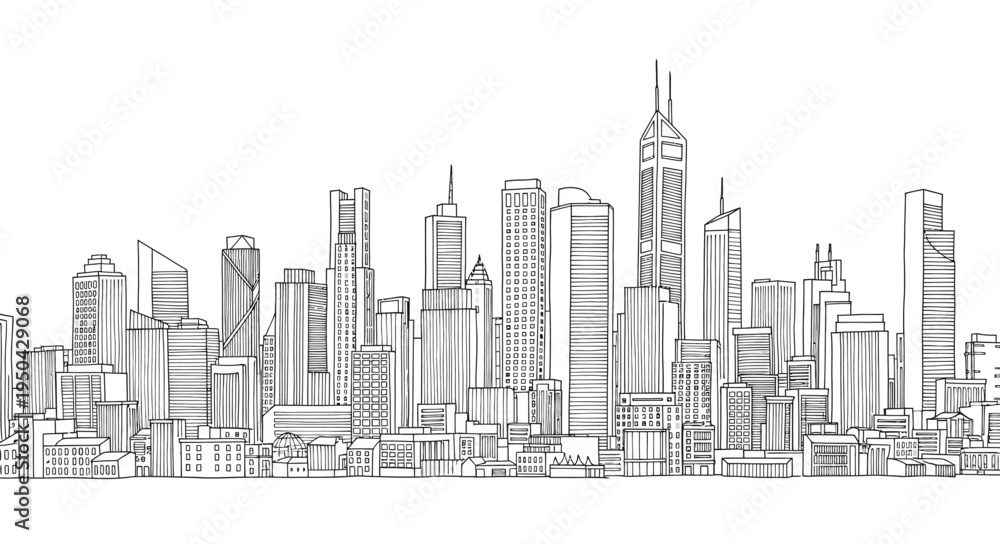 Fototapeta premium Detailed black and white line drawing of a modern city skyline with numerous skyscrapers and urban buildings.