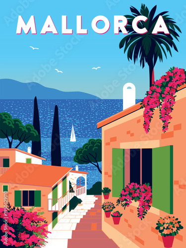 A sunny Mediterranean summer landscape of Mallorca with traditional Spanish houses, flowering shrubs, cypress trees, and the blue sea in the background. Handmade drawing vector illustration.