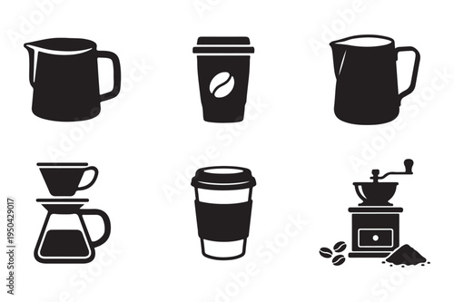 Coffee Culture and Barista Tools Vector Icon Set: Minimalist Flat Silhouette Symbols for Espresso Machine, Portafilter, Grinder, Pour-Over, and Takeaway Cup.