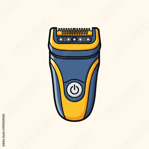 A cartoon depiction of an electric shaving device with a blue and yellow body, a power button, and a black outline