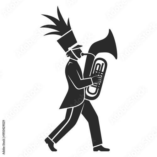 A monochrome illustration of a marching band tuba player