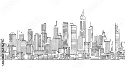 Detailed black and white line drawing of a modern city skyline with numerous skyscrapers and urban buildings.