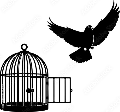 Open Birdcage with a small bird flying out vector illustration