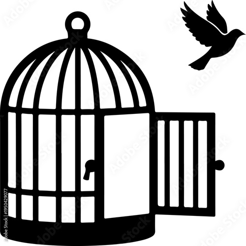 Open Birdcage with a small bird flying out vector illustration