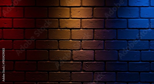 A textured brick wall bathed in dramatic lighting, transitioning from red to blue hues