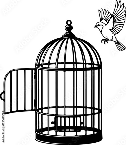 Open Birdcage with a small bird flying out vector illustration