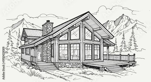 A detailed black and white sketch of a rustic A-frame cabin or lodge with large windows, a stone chimney, and a deck, set against a backdrop of mountains and pine trees.