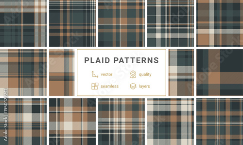 This timeless plaid pattern blends deep forest green and warm camel tones with cream accents. A classic tartan design ideal for winter fashion, textile backgrounds, and cozy branding.