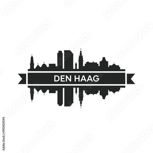 Silhouette of den haag skyline within a decorative banner illustration