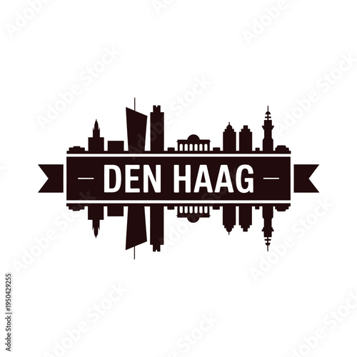 Den haag skyline illustration with a ribbon banner and city reflection