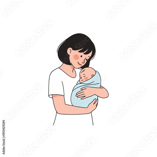 Mother holding newborn baby close in her arms