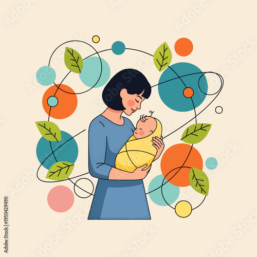 Woman holding newborn baby surrounded by colorful leaves and circles