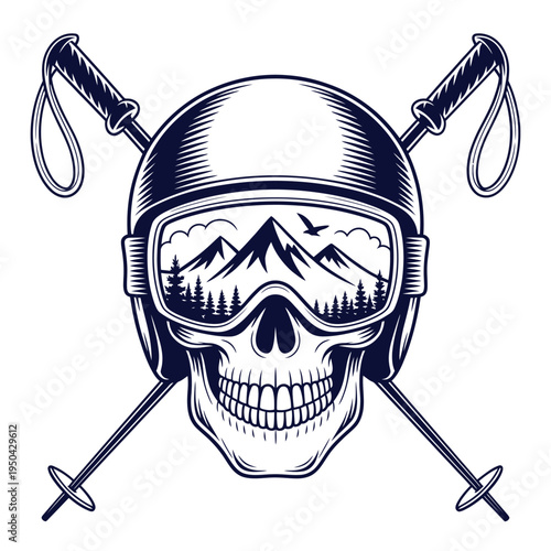 Ski helmet with a skull design reflecting a mountain landscape