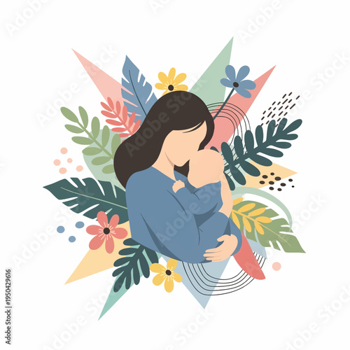 Woman breastfeeding baby surrounded by colorful flowers and leaves
