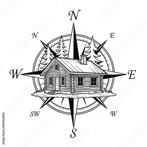 Vintage compass rose illustration featuring a cozy cabin and evergreen trees