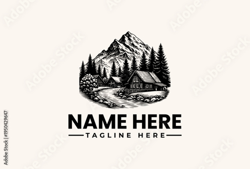 A black and white illustration of a mountainous landscape with a cabin and trees, featuring a logo template with placeholder text for a name and tagline on a beige background.