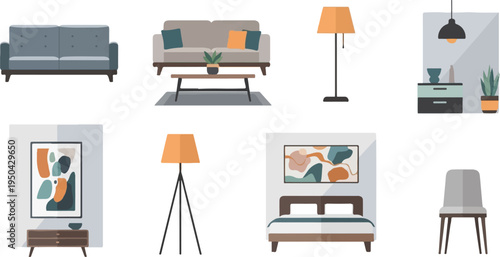 Assorted furniture and decor items depicted in a flat illustration style