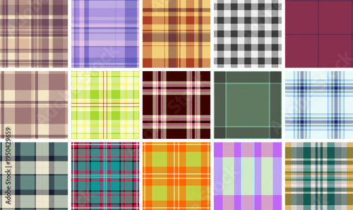 Plaid pattern set for everyday layering essentials. Seamless vector designs suit skirts, blouses, tops, and casual dresses.