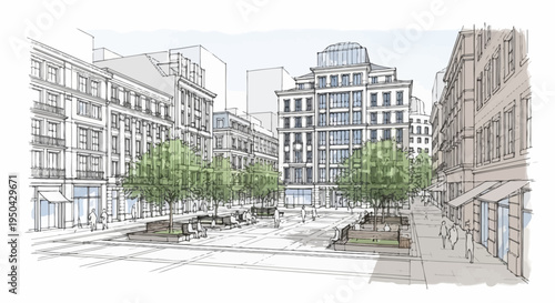 Architectural sketch of a vibrant city square featuring traditional buildings, trees, and people.