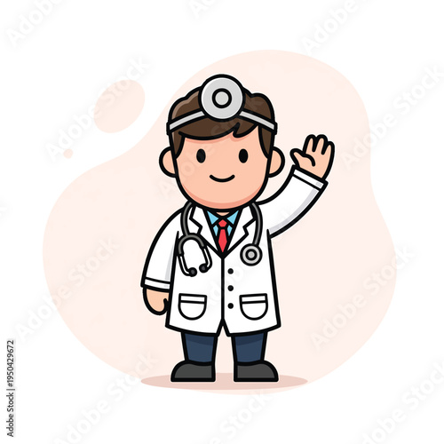 A cartoon doctor with a stethoscope and a head mirror, wearing a lab coat, waves hello with one hand. The background is a soft beige color