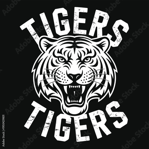 Graphic illustration of a tiger head with the word tigers repeated