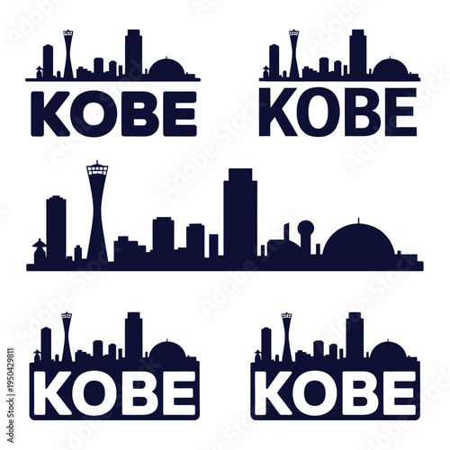 Kobe cityscape silhouettes with repeated text and architectural elements