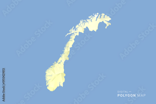 Norway Map in low poly polygon vector style, geometric shape illustration with soft yellow tones on blue background, clean silhouette for infographic.