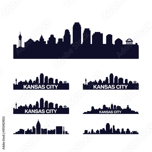 Silhouette of kansas city skyline with repeated text and variations