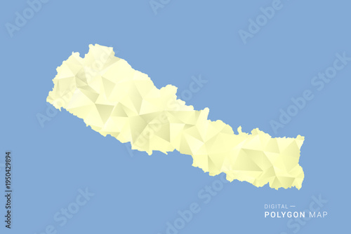 Nepal Map in low poly polygon vector style, geometric shape illustration with soft yellow tones on blue background, clean silhouette for infographic.