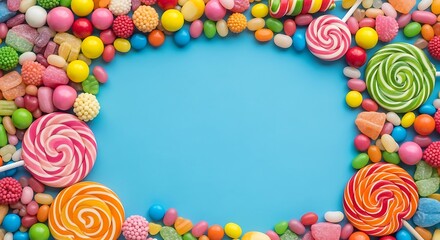 A vibrant border of assorted colorful candies surrounds a bright blue background