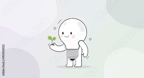 Adorable lightbulb character nurturing a young plant, symbolizing growth and ideas