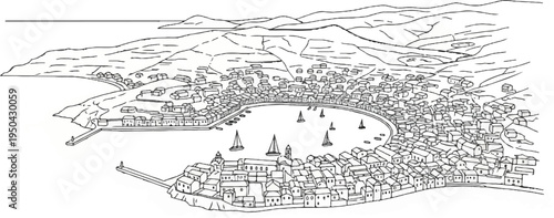 Aerial sketch of a coastal town nestled in a bay with sailboats