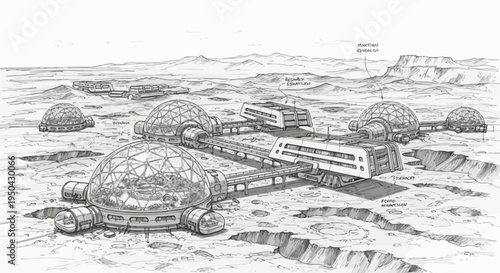A detailed black and white illustration of a futuristic lunar base with multiple dome structures, connecting passages, and transport vehicles on a cratered surface.