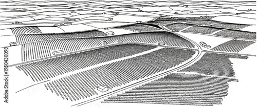 Aerial view of farmed fields with small structures