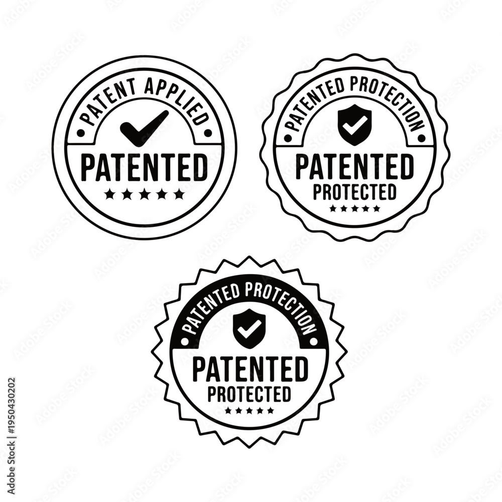 Fototapeta premium Patented Protected Patent Applied Badges - Intellectual Property Vector Seal Set