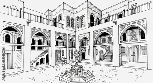 Detailed line drawing of a traditional Middle Eastern or North African courtyard with a central fountain, arches, and multiple levels of balconies and windows.