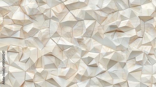 Close-up of white triangular wood panels. Geometric pattern repeats seamlessly across the surface. Each triangle has a beveled edge for dimension. Natural light color creates soft texture