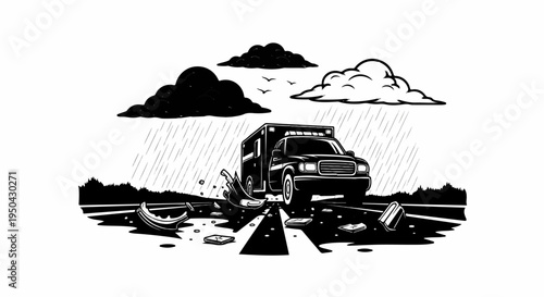 Ambulance on a broken road in the rain with debris