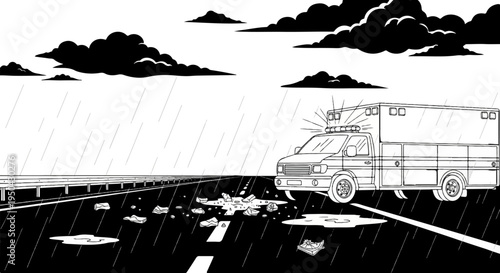 Ambulance responding to an accident scene on a rainy highway at night