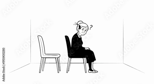 An elderly woman sits alone on a chair with a confused expression and a question mark above her head