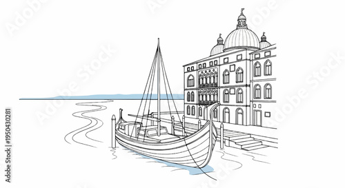 An artistic sketch of a canal with a boat and elegant building