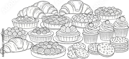 Assortment of baked goods including croissants, tarts, cupcakes, and cookies