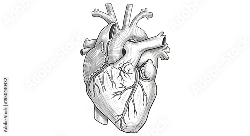 Detailed anatomical drawing of a human heart, illustrating its complex structure and major blood vessels.